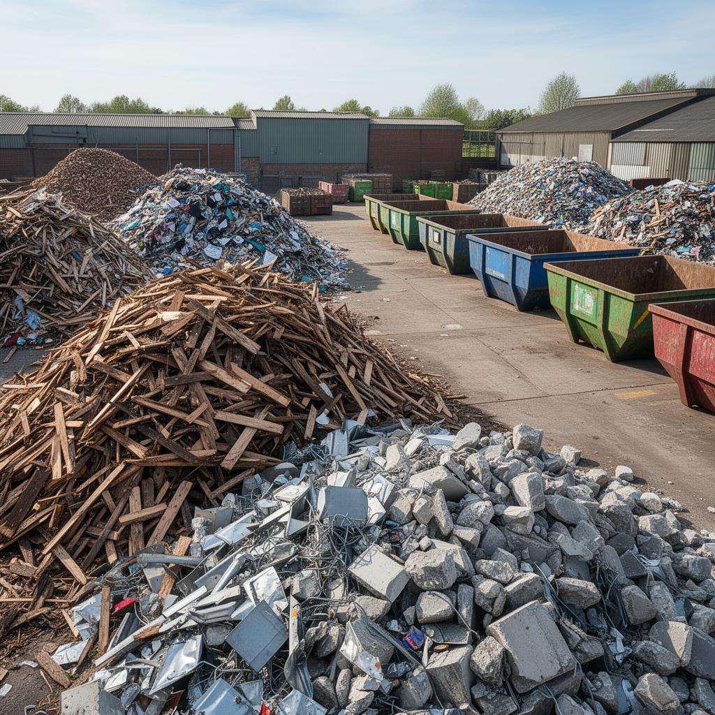 Sorted waste piles and skips at the recycling yard