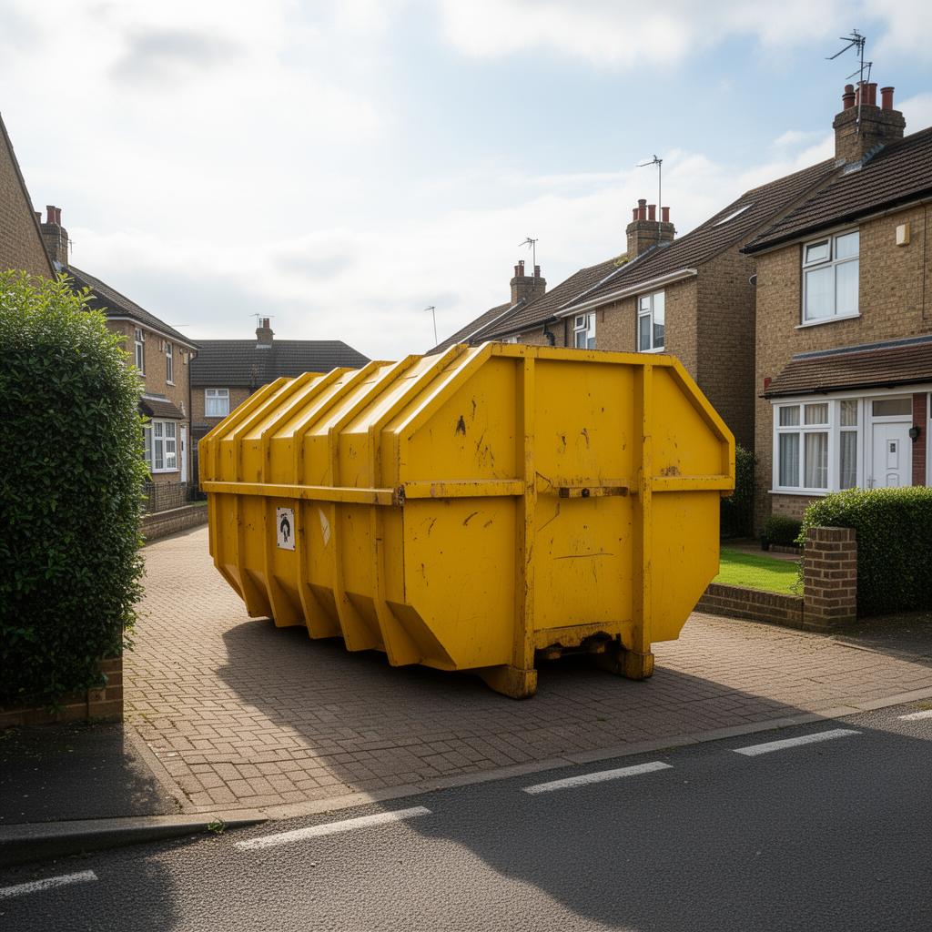Yellow skip on a residential driveway