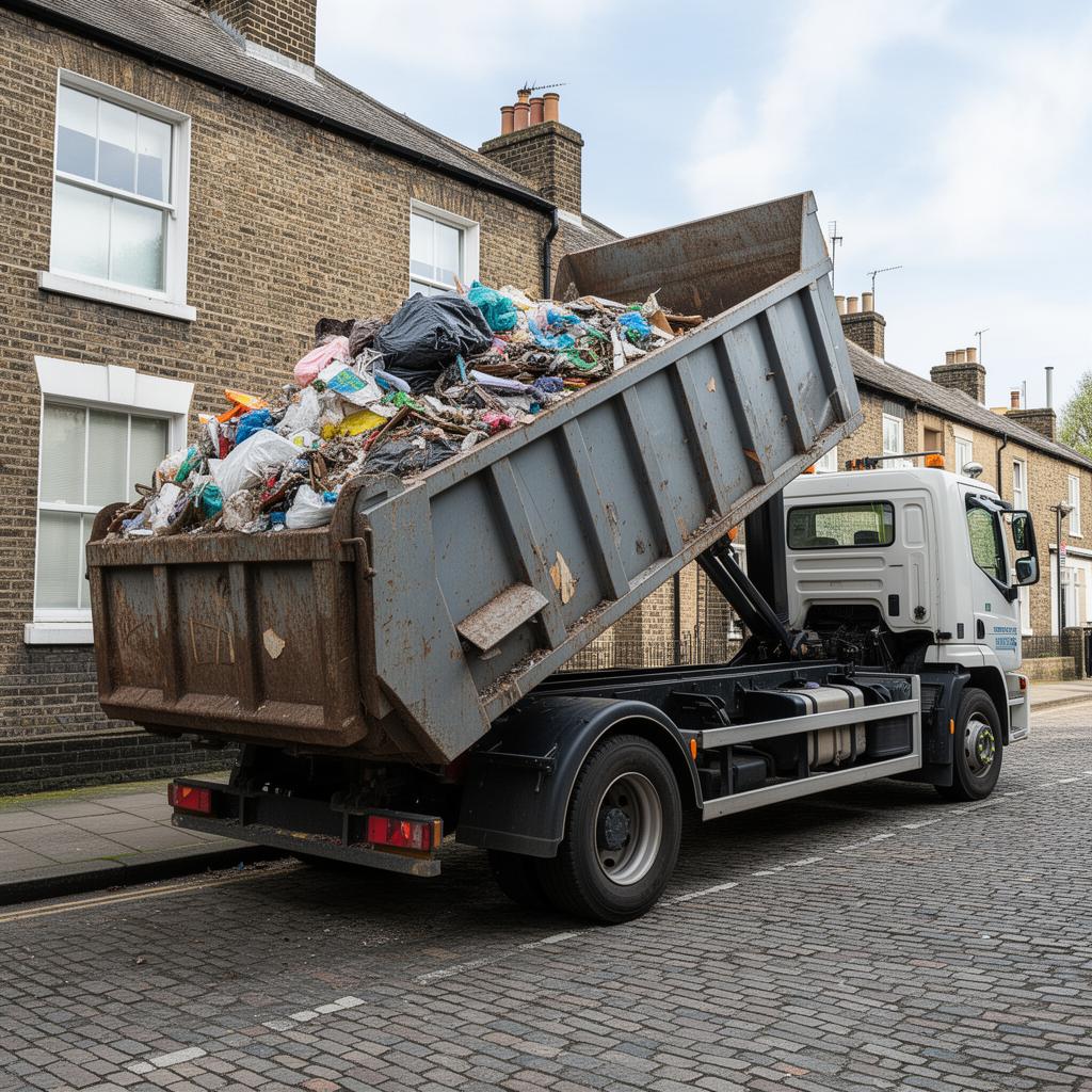 Henry Woods skip lorry collecting a loaded skip