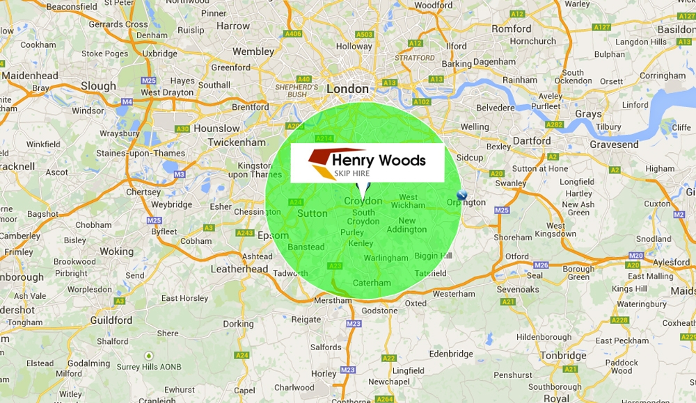 Map showing the Henry Woods Skip Hire service area centred on the Mill Lane yard in Croydon, covering Sutton, Wimbledon, Mitcham, Epsom, Caterham and the surrounding south London area